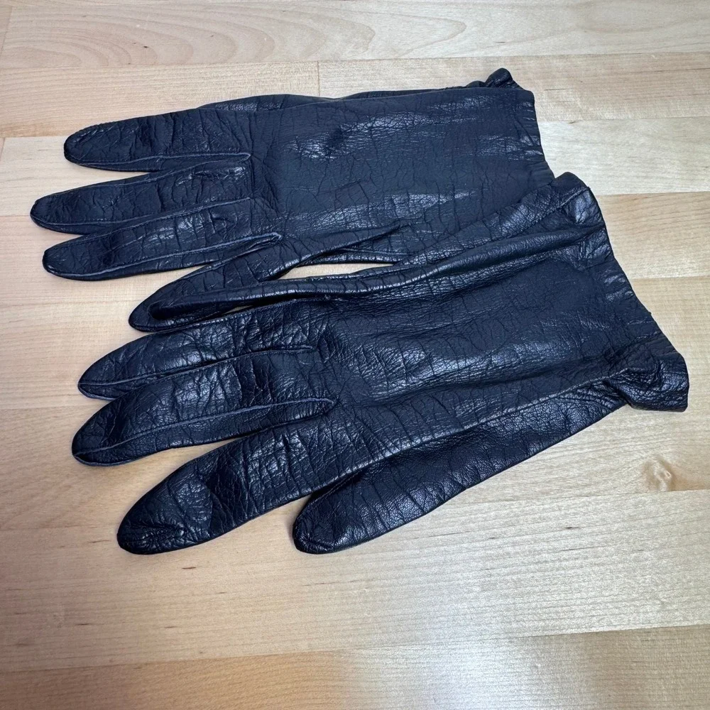 Vintage French Real Kid Black Leather Silk Lined Gloves‎ Women Size 6.5 France